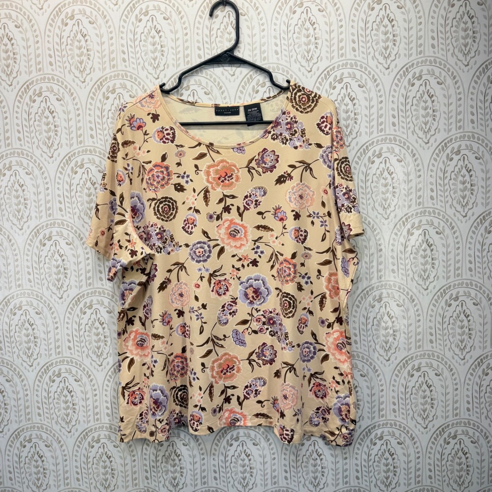 Apostrophe Floral Top Womens 20-22W Tan Purple Short Sleeve Stretch Scoop Neck